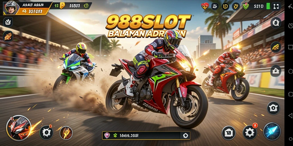 Screenshot menunjukkan persaingan ketat dalam balapan motor 988SLOT.