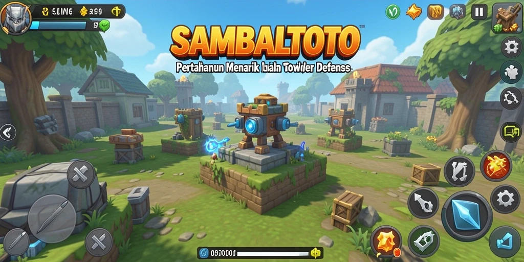Screenshot permainan SAMBALTOTO menampilkan aksi pertahanan menara yang seru.