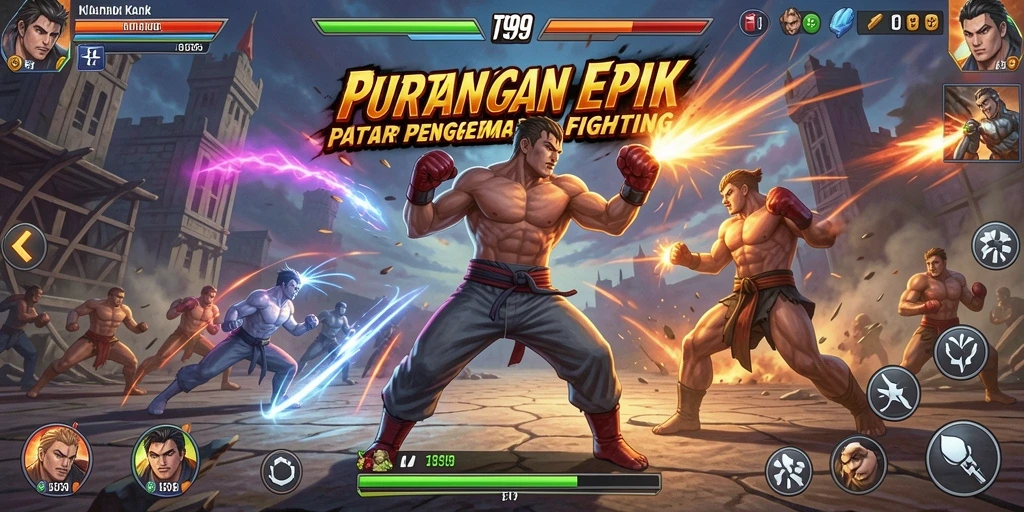 Tangkapan layar utama T9999 menampilkan aksi pertarungan mendebarkan.
