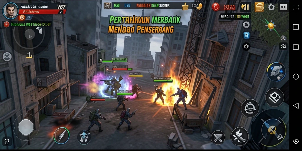 Tampilan heboh dari gameplay menara pertahanan yang intens.